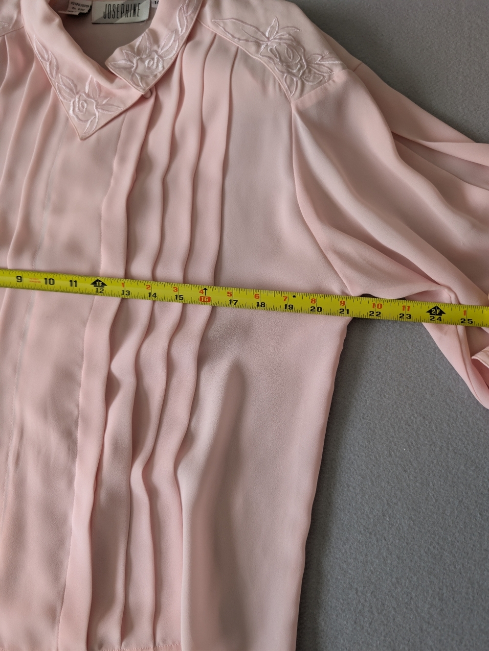 Vintage 80s Blush Pink Chiffon Pleated Floral Embroidery Collar Blouse Sz 14 XL image 7